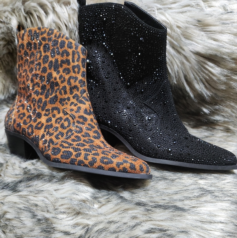 New Jessica Simpson NWOT Leopard or Black Sparkle Bling Boots